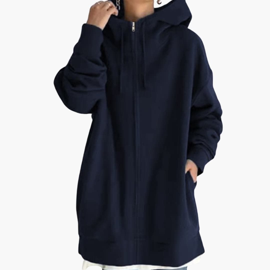 Women's longline zip-up hoodie soft fleece with side pockets, streamlined everyday casual fit