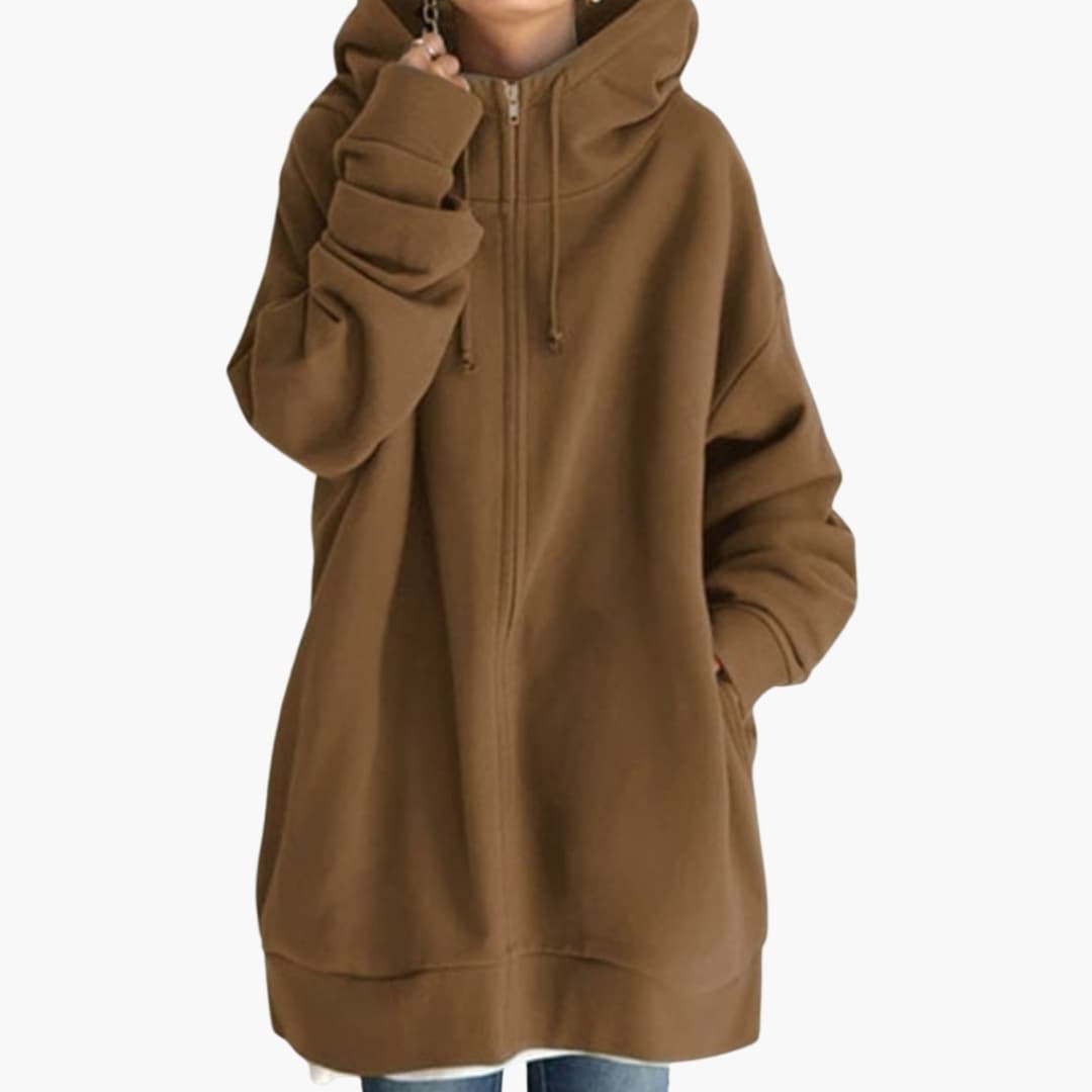 Women's longline zip-up fleece hoodie with lined hood and side pockets for everyday casual wear