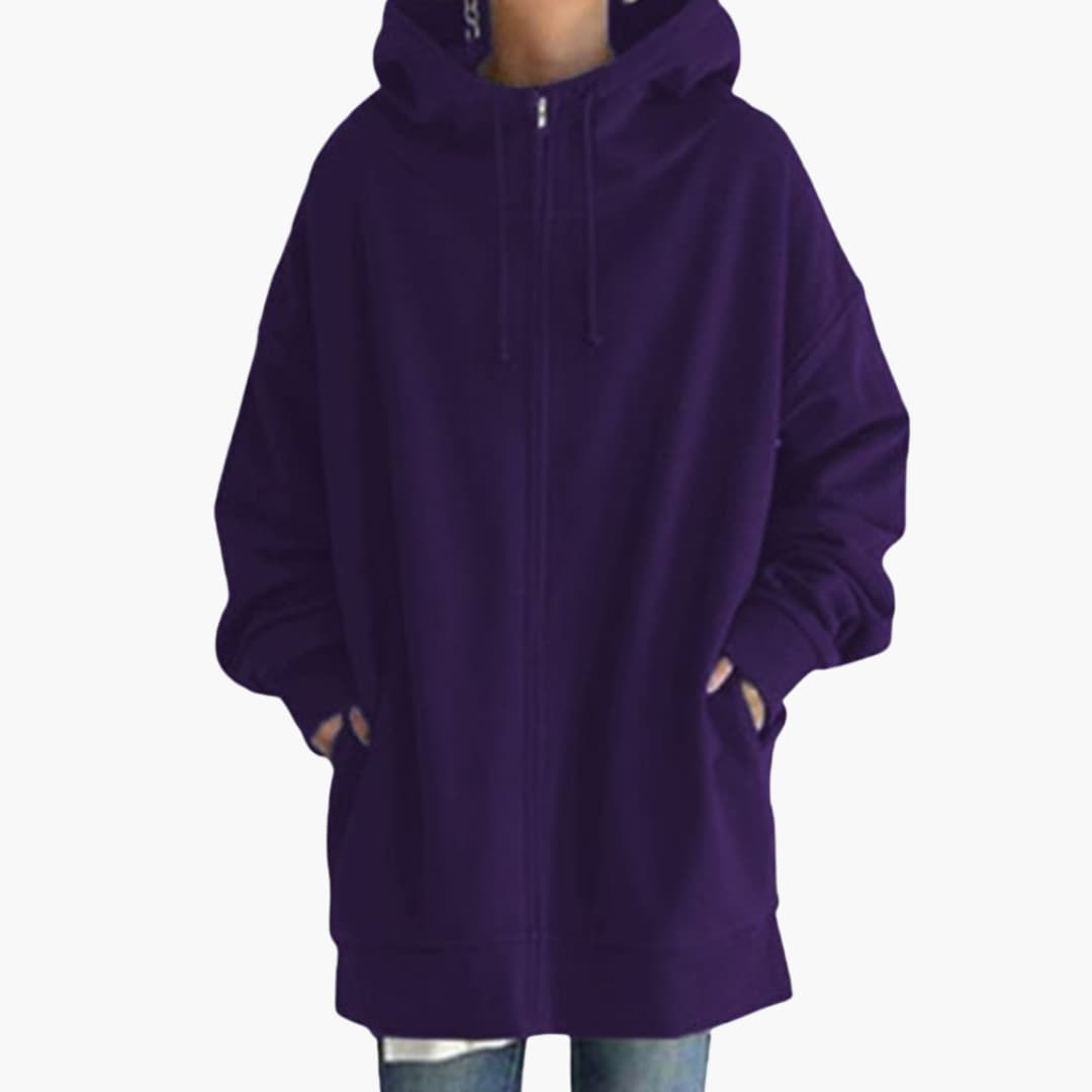 Women's longline zip-up fleece hoodie with side pockets, soft comfort fit for everyday wear