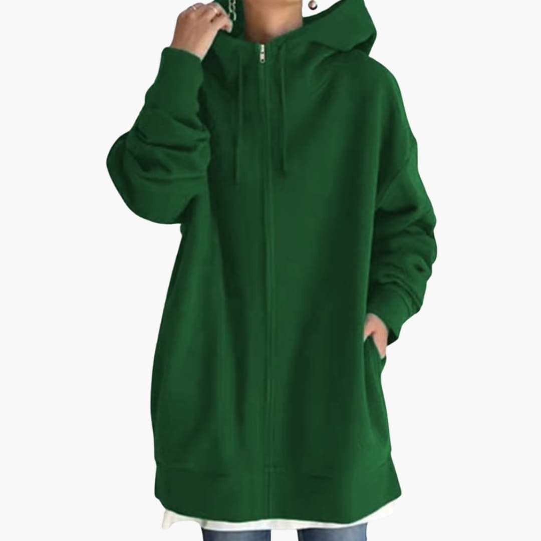 Women's longline zip-up hoodie soft fleece with side pockets and lined drawstring hood for everyday wear