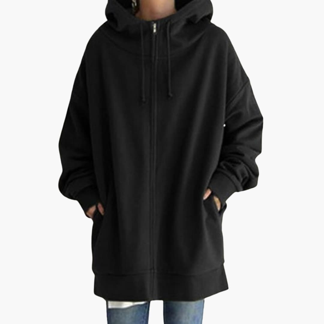 Women's longline zip-up fleece hoodie with side pockets, soft comfort fit for everyday casual wear