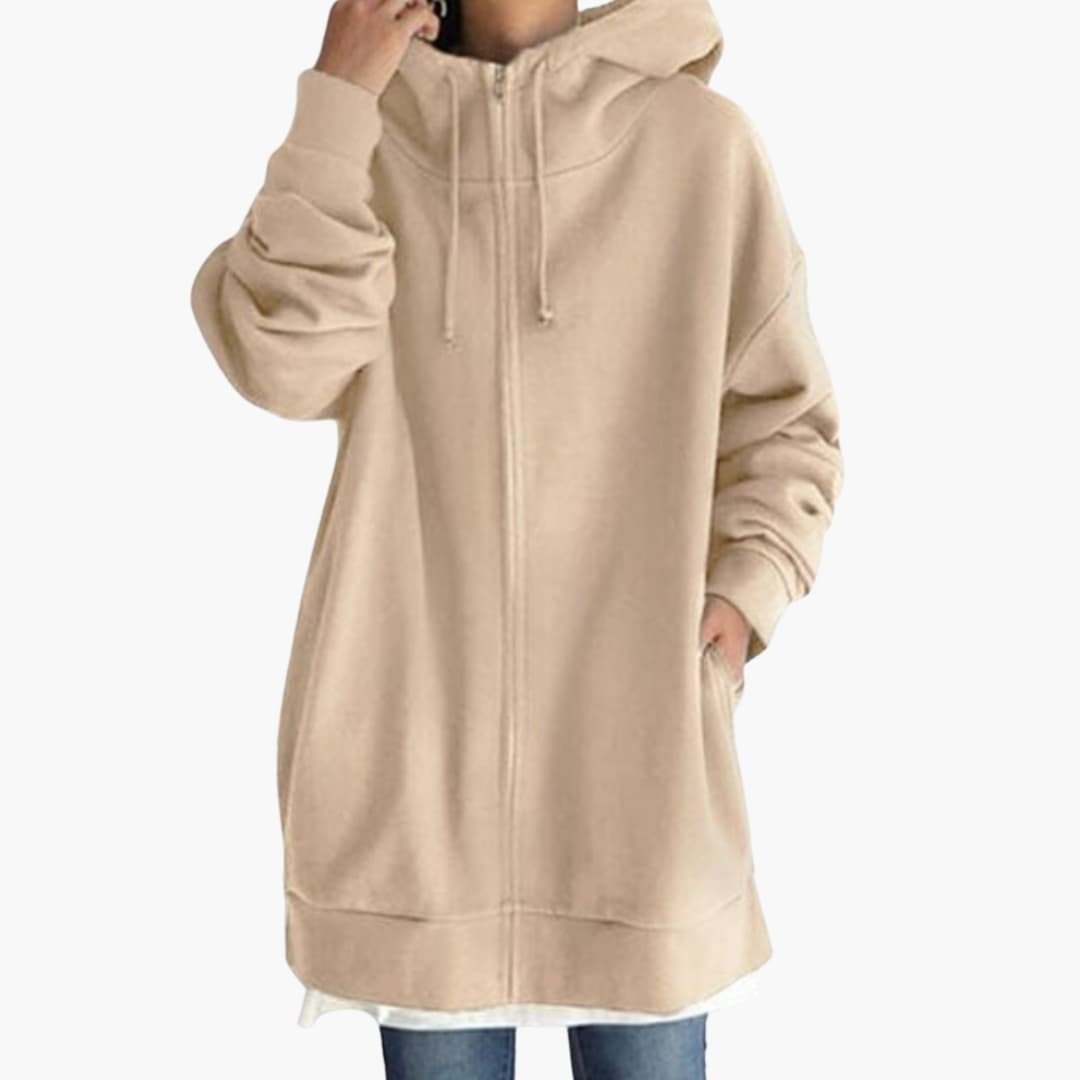 Women's longline zip-up fleece hoodie with lined hood and side pockets for everyday comfort