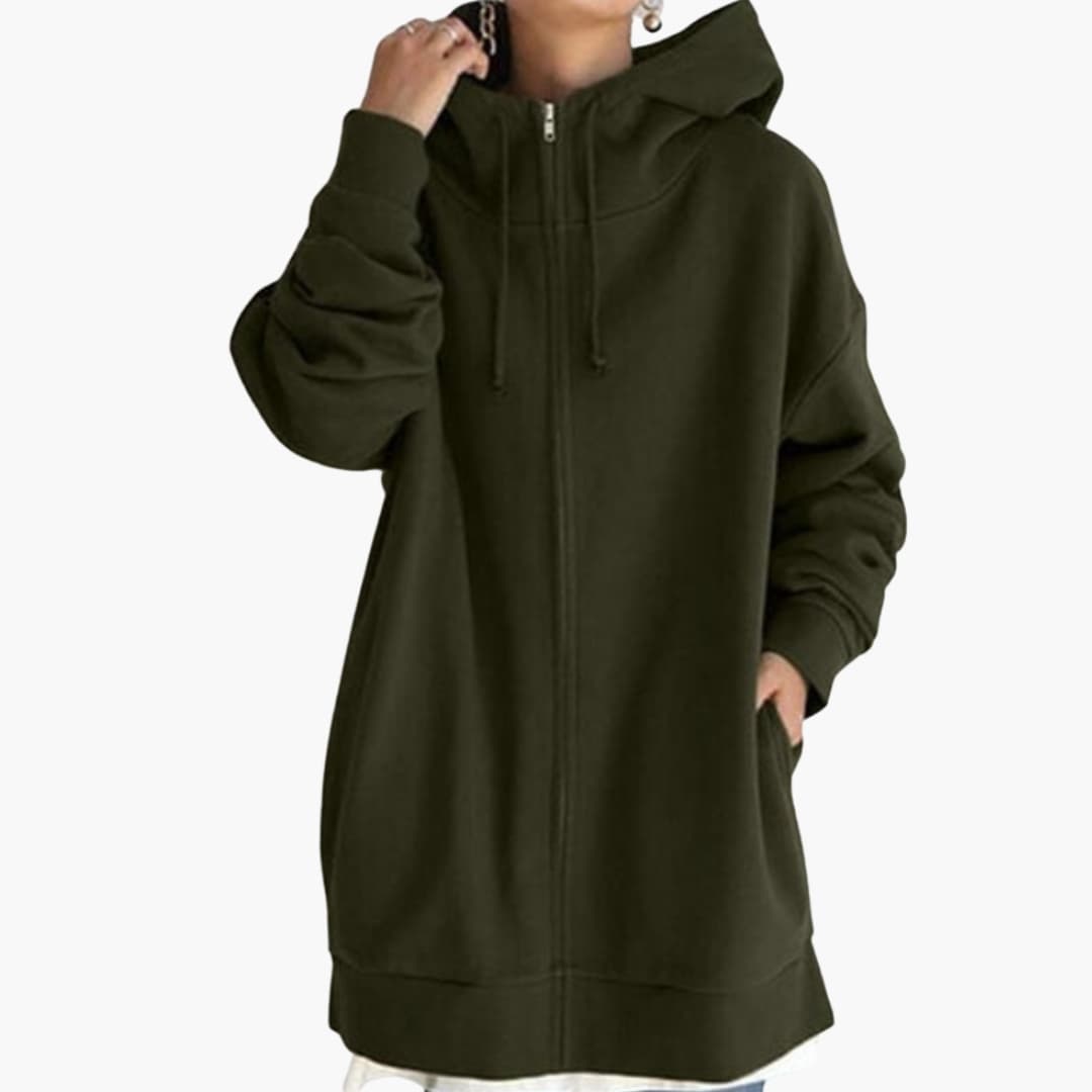 Women's longline zip-up fleece hoodie with lined hood and side pockets for everyday comfort