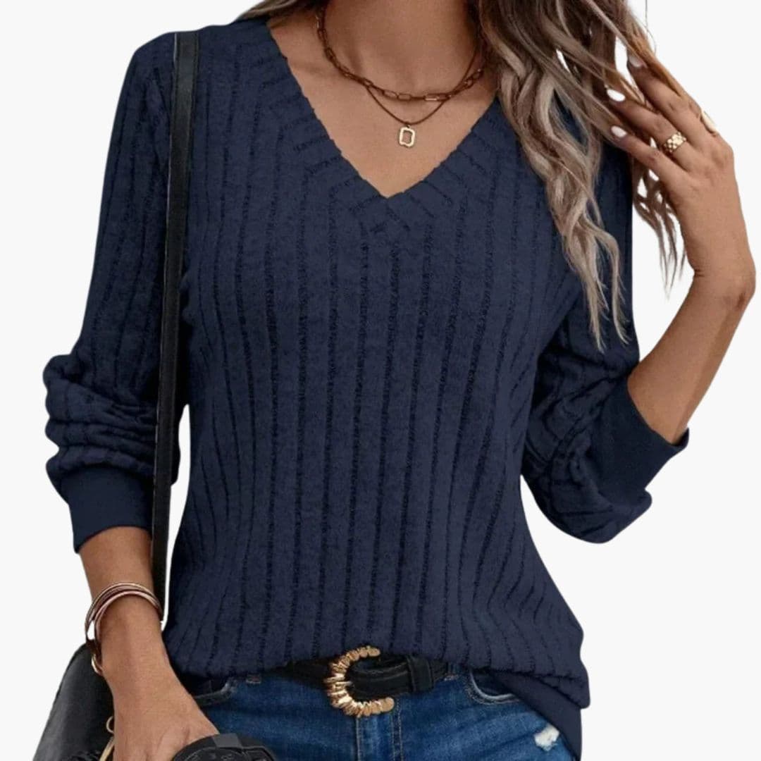 Women's gray V-neck sweatshirt loose fit ribbed cuffs textured vertical pattern casual long sleeve