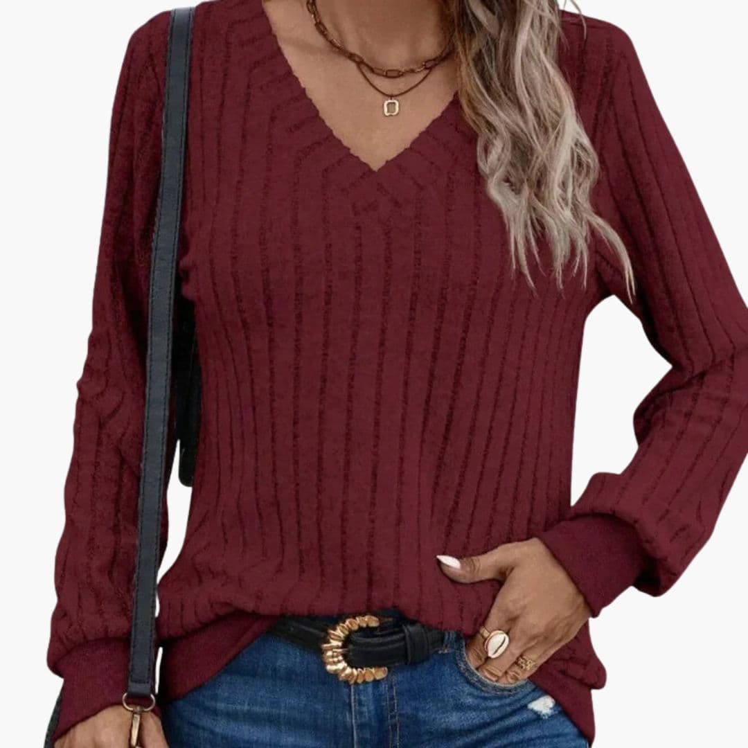 Women's beige V-neck sweatshirt loose fit ribbed cuffs textured vertical pattern casual long sleeve