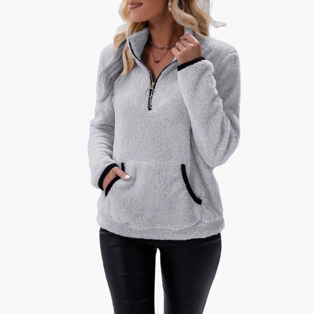 Women's fleece half-zip sweatshirt stand collar with kangaroo pocket casual outdoor pullover