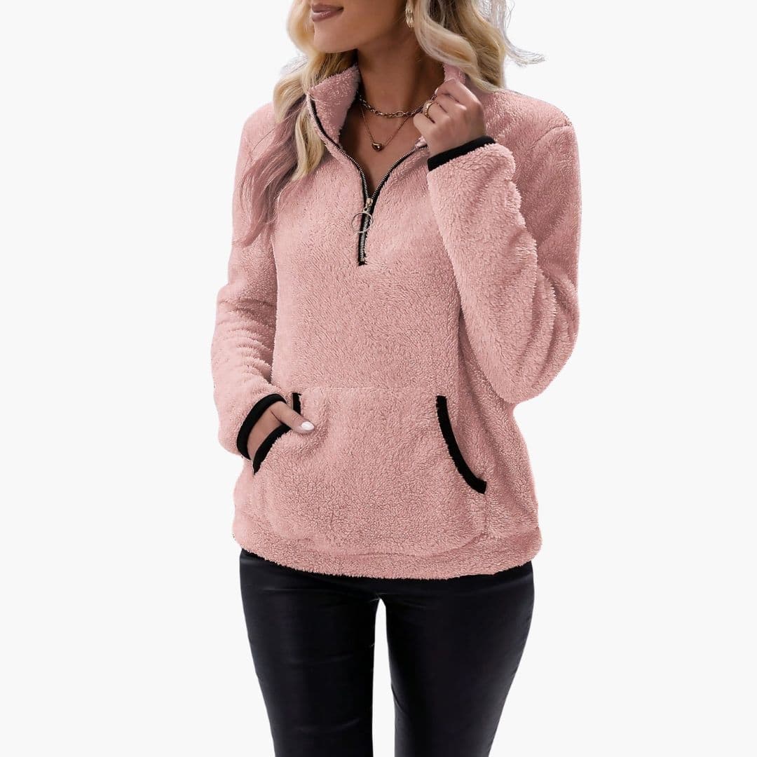 Women's fleece half-zip sweatshirt stand collar kangaroo pocket cozy casual outdoor layering top