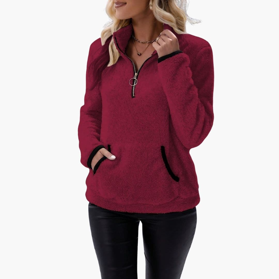 Women's fleece half-zip sweatshirt stand collar kangaroo pocket cozy outdoor casual layering top