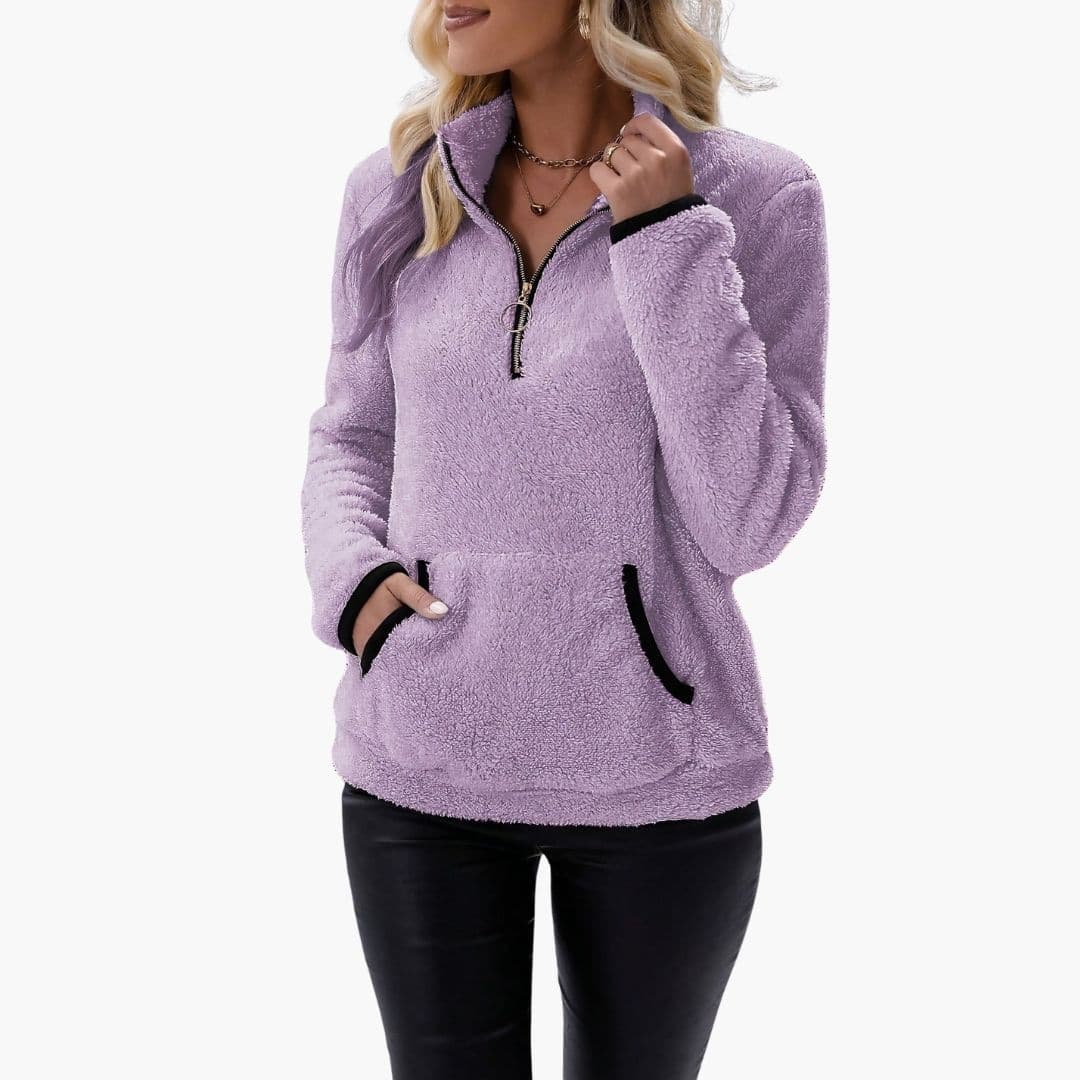 Women's fleece half-zip sweatshirt stand collar with kangaroo pocket casual outdoor layering