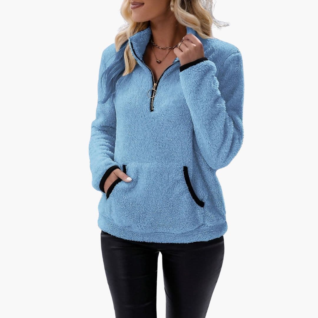 Women's fleece half-zip sweatshirt stand collar kangaroo pocket cozy casual pullover top