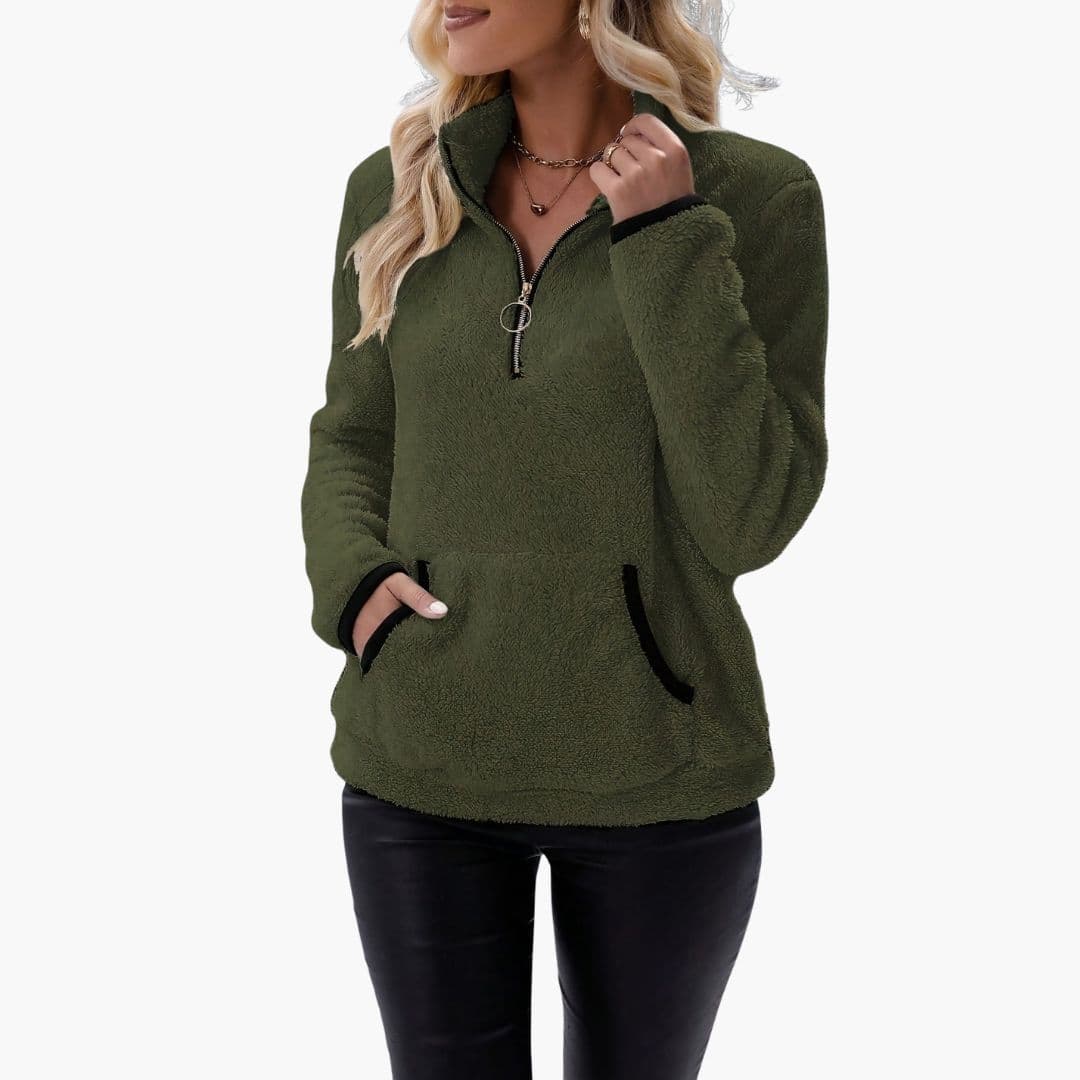 Women's fleece half-zip sweatshirt stand collar with kangaroo pocket casual cozy outdoor