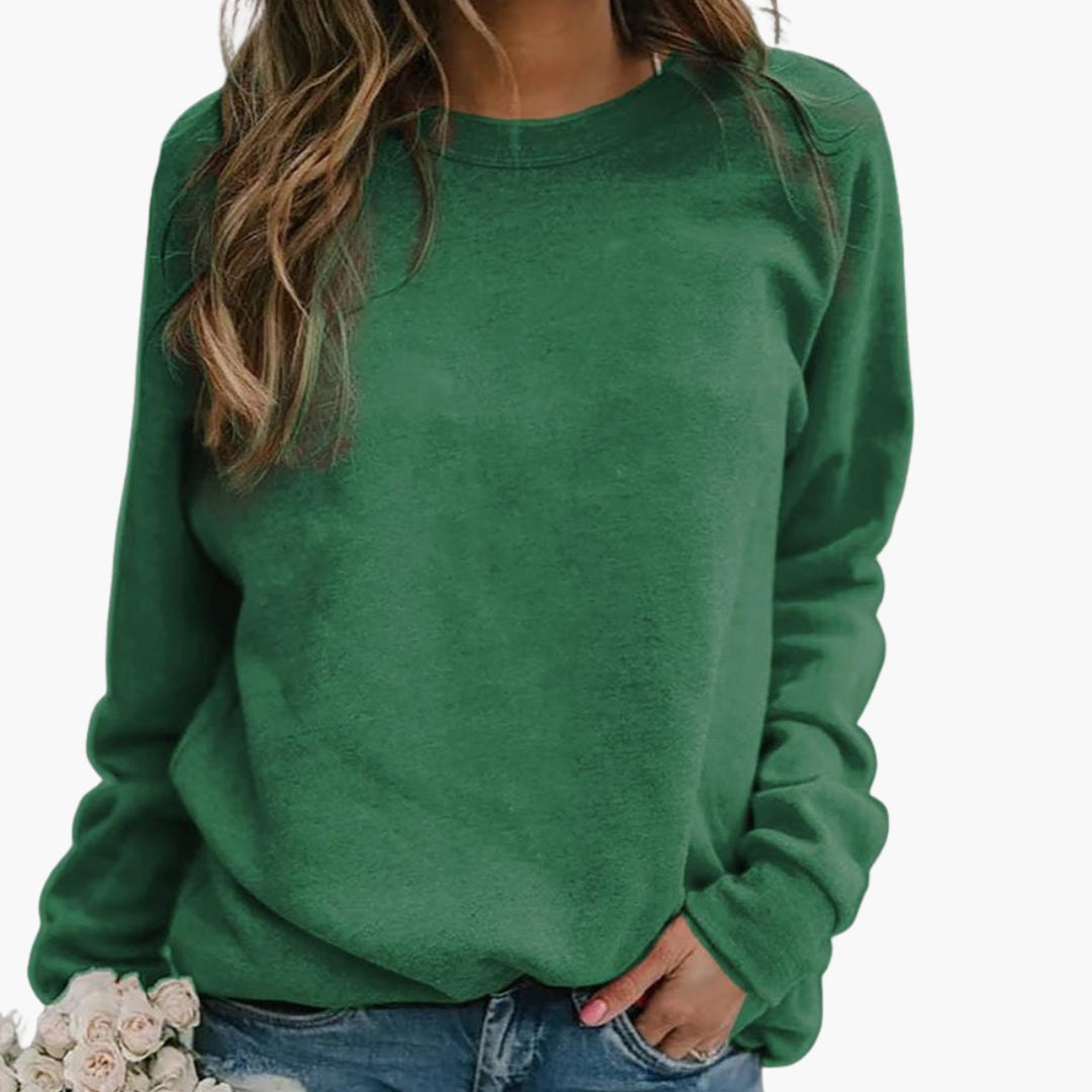 Women's solid round neck pullover sweatshirt with ribbed cuffs, hip-length casual long sleeve comfort fit