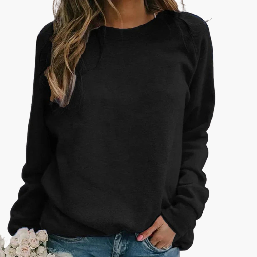 Women's solid round neck sweatshirt with long sleeves, ribbed cuffs, and hip-length pull-on fit
