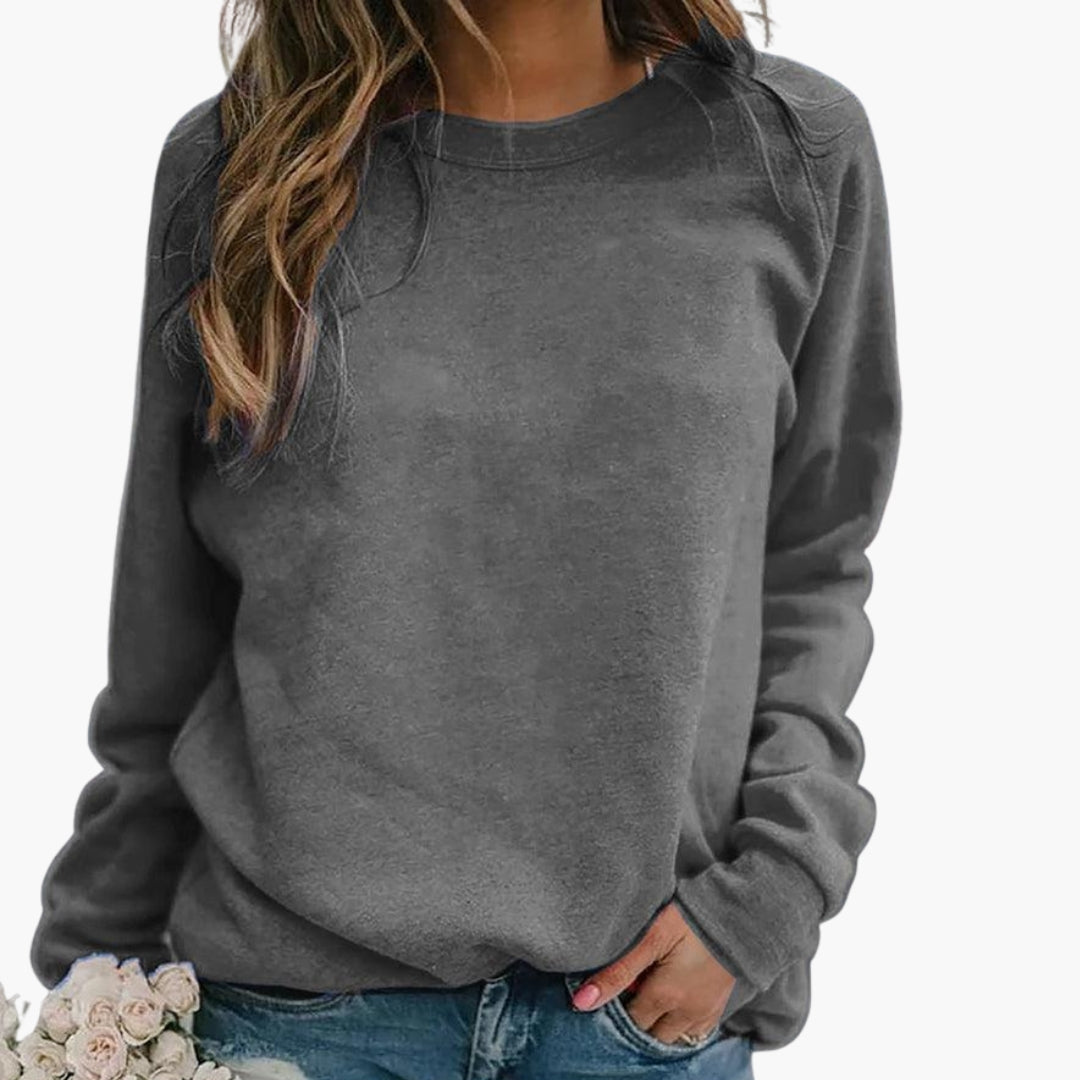 Women's solid round neck sweatshirt, long sleeves, pull-on fit, ribbed cuffs, hip length casual style