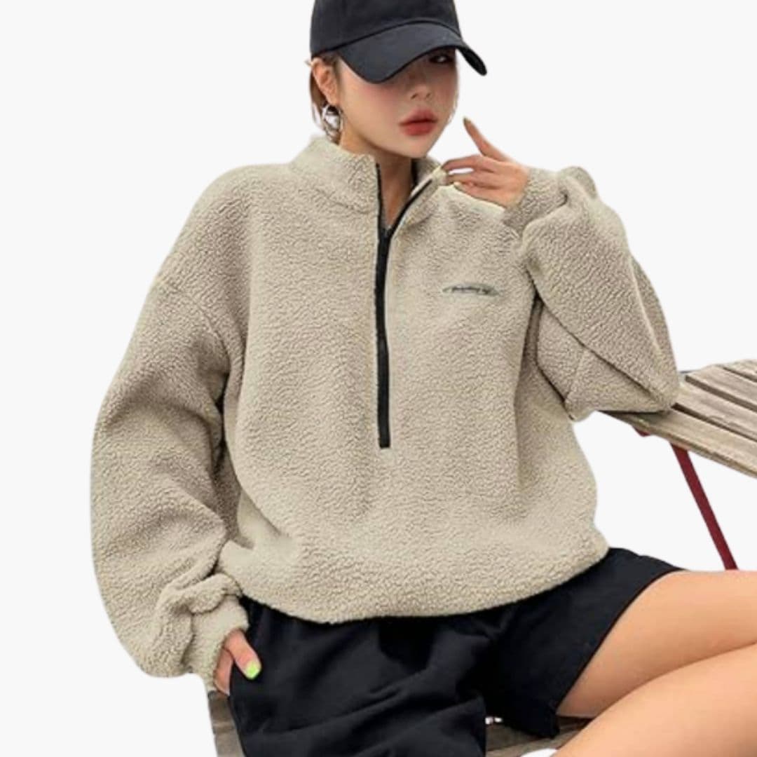 Women's loose fit half-zip winter sweatshirt, solid color, cozy relaxed silhouette for cold weather