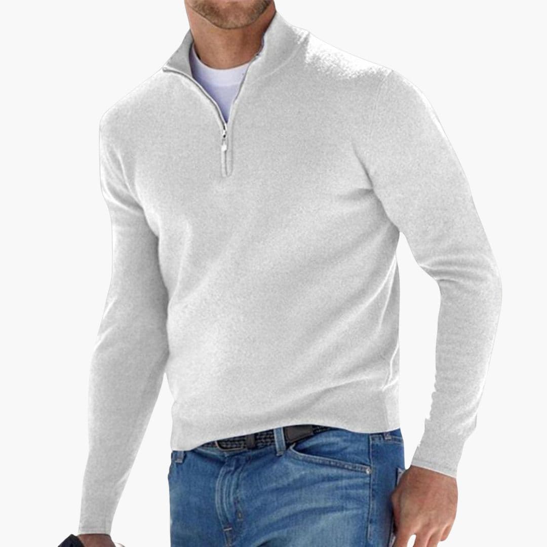 Men's gray half-zip sweatshirt with stand-up collar and ribbed cuffs for versatile layering