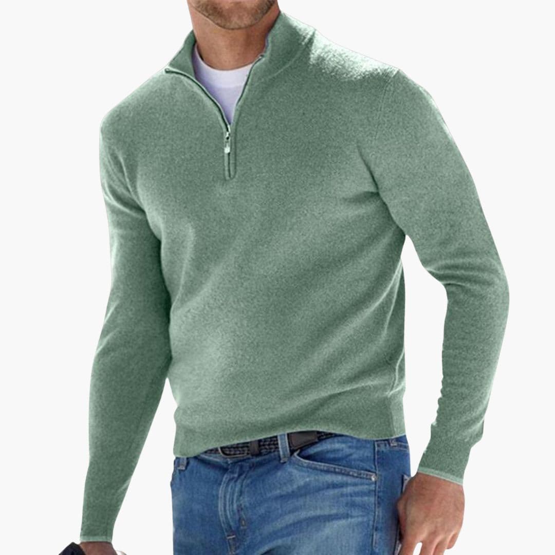 Men's gray half-zip sweatshirt with stand-up collar and ribbed cuffs for versatile layering