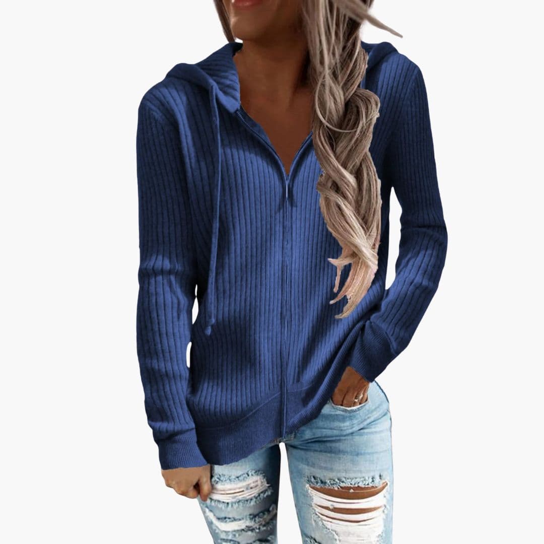 Women's ribbed zip-up hoodie with drawstring hood and front pockets for cozy layering