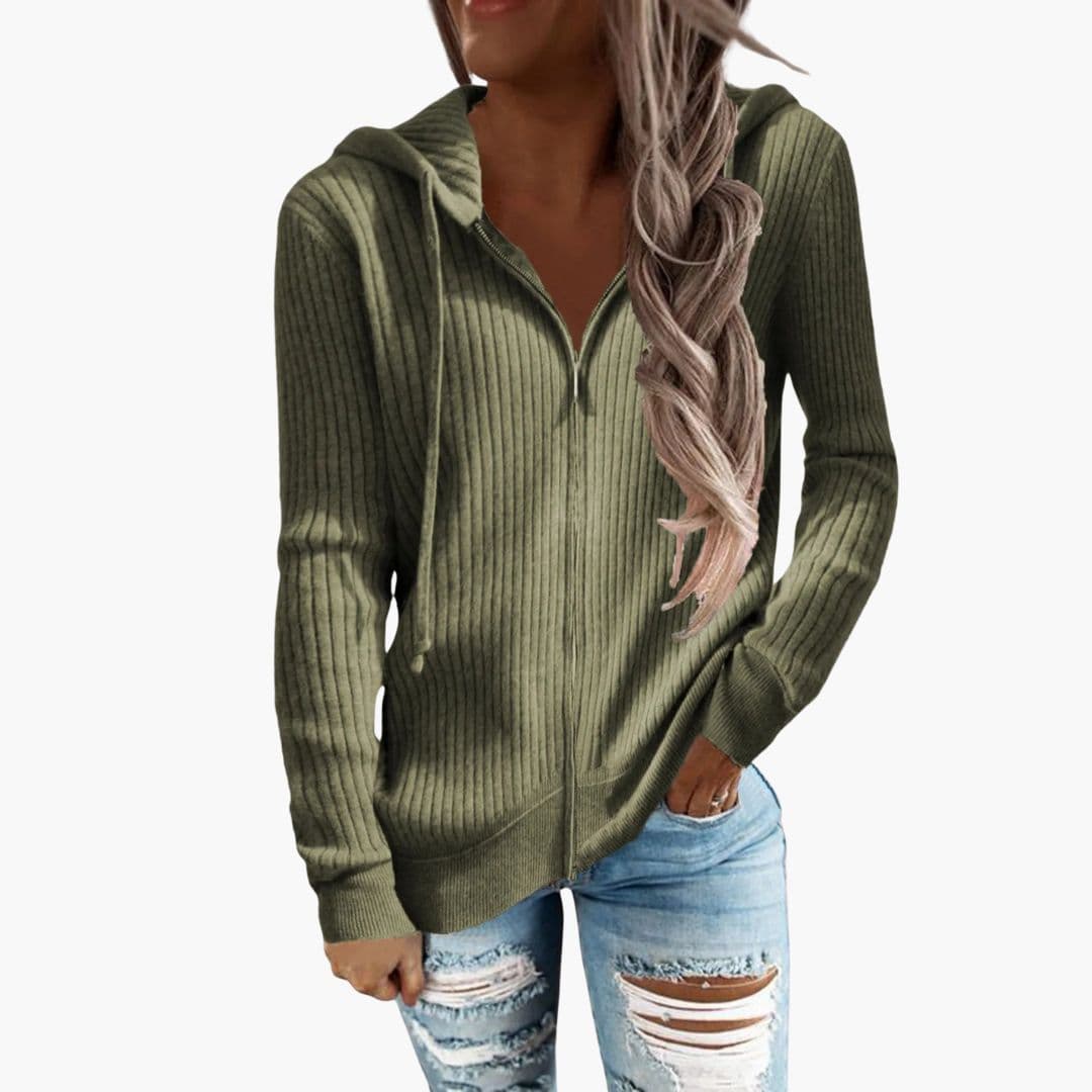 Women's ribbed zip-up hoodie with drawstring hood and front pockets, casual layering style