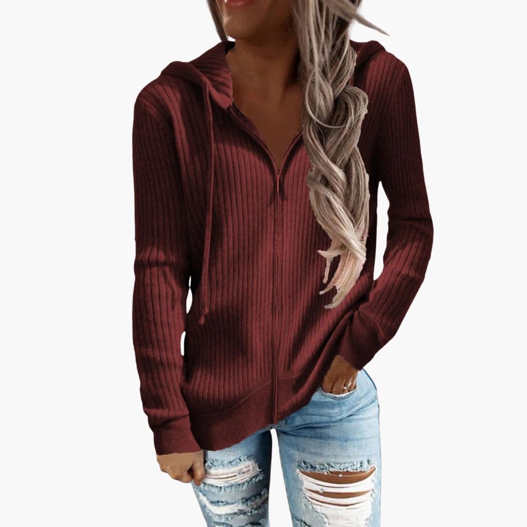 Women's ribbed zip-up hoodie with drawstring hood and front pockets for cozy all-day layering