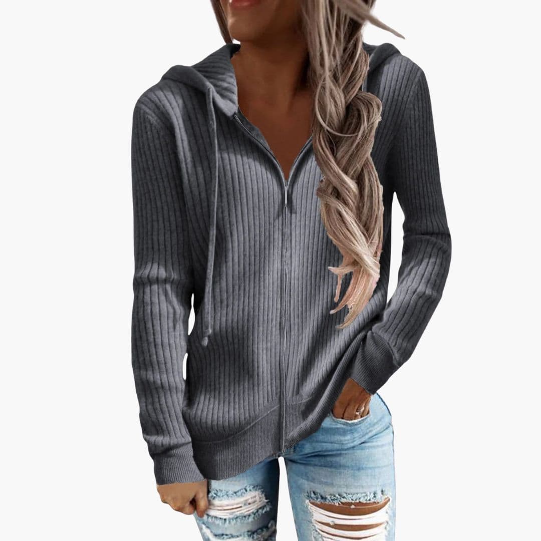 Women's ribbed zip-up hoodie with drawstring hood and front pockets for cozy layered comfort