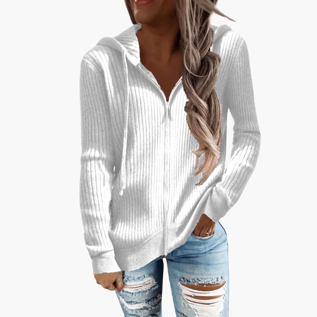 Women's ribbed zip-up hoodie with drawstring hood and front pockets for cozy all-day layering