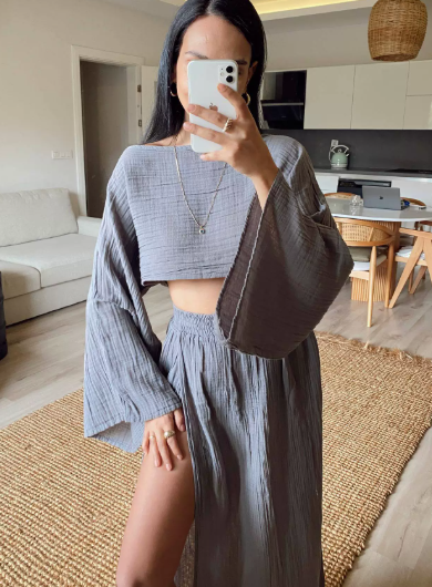 Sylvia gauze two-piece set cropped top high-waist maxi skirt with thigh-high slit summer style