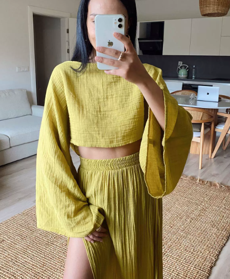 Sylvia gauze two-piece set cropped top high-slit maxi skirt breathable summer coord