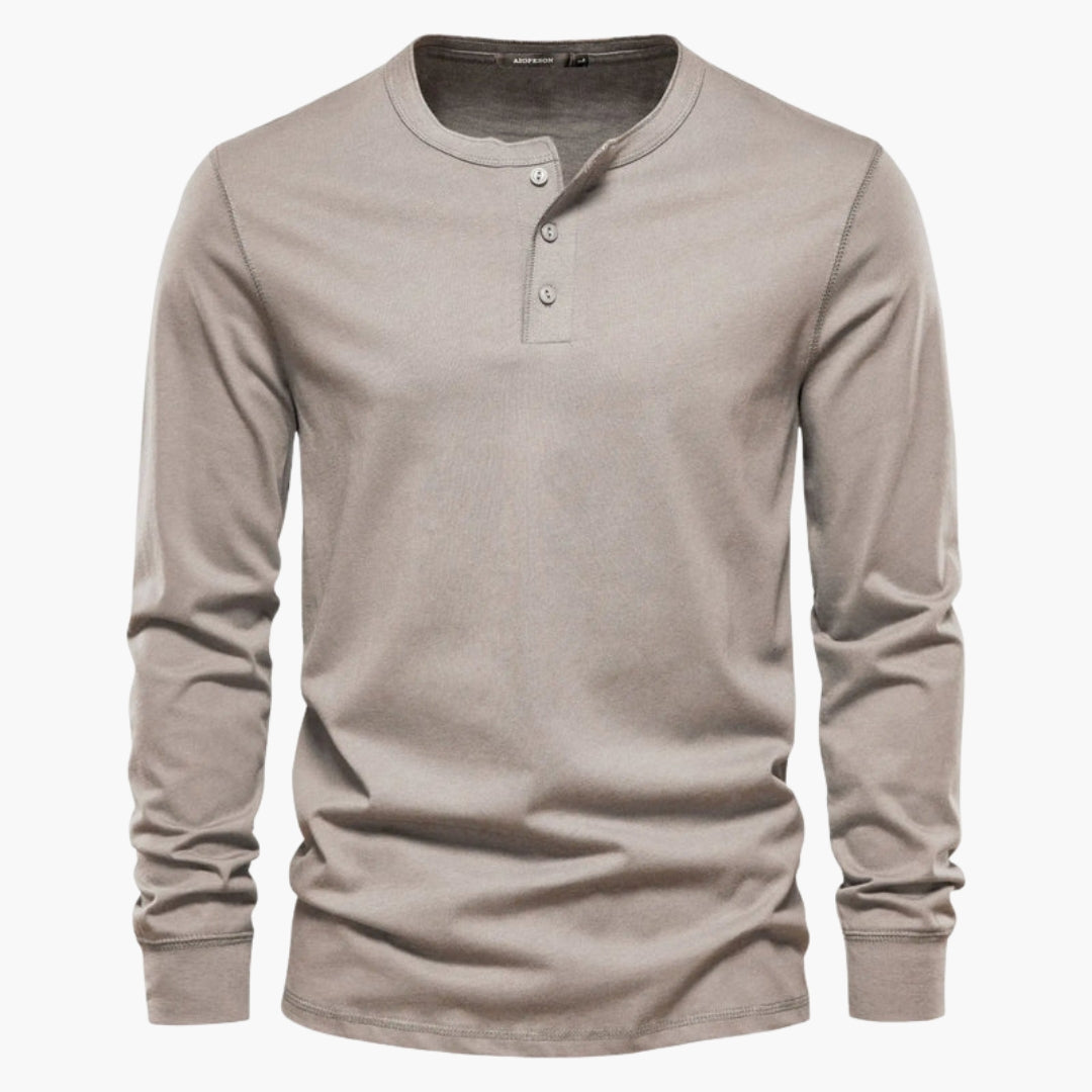 Men's long sleeve henley t-shirt solid color three-button placket classic soft cotton casual fit