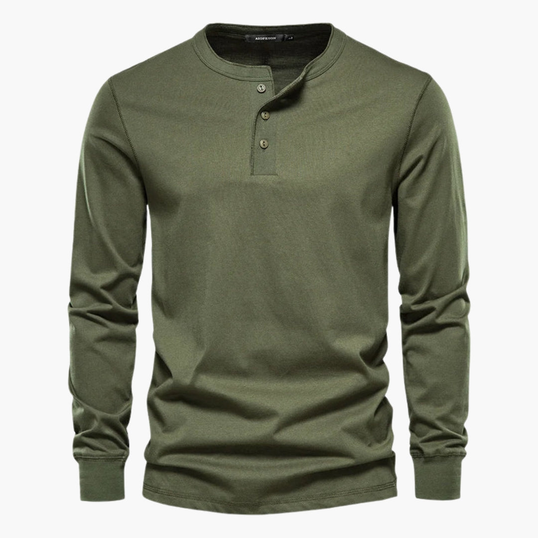 Men's long sleeve henley shirt solid color three-button placket classic cotton everyday casual fit