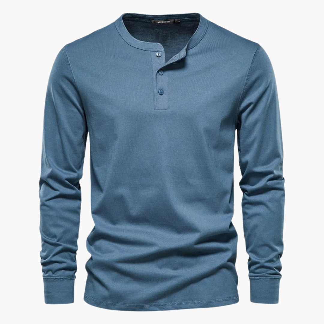 Men's long sleeve henley t-shirt solid color three-button placket classic soft cotton casual fit