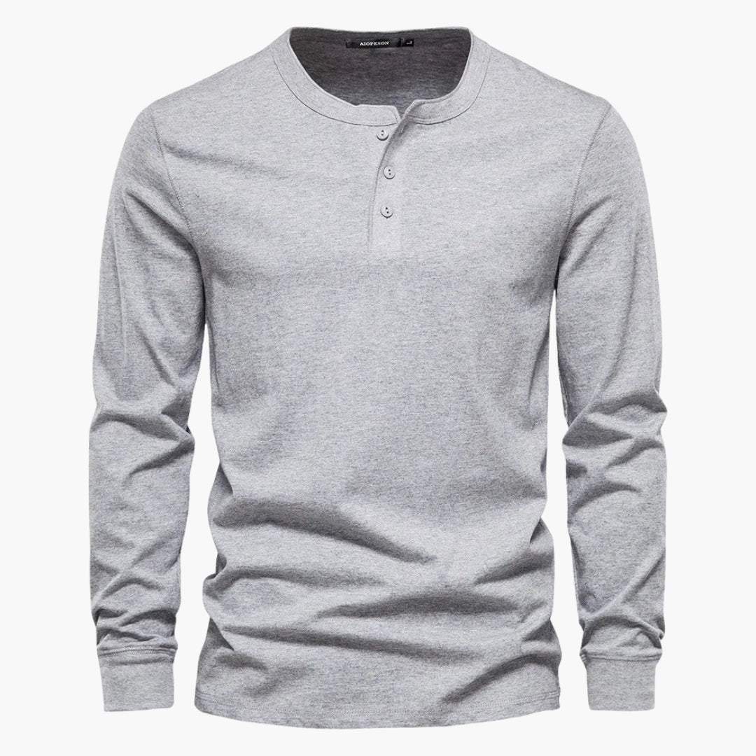 Men's long sleeve heather gray Henley T-shirt with button placket, tailored everyday comfort fit