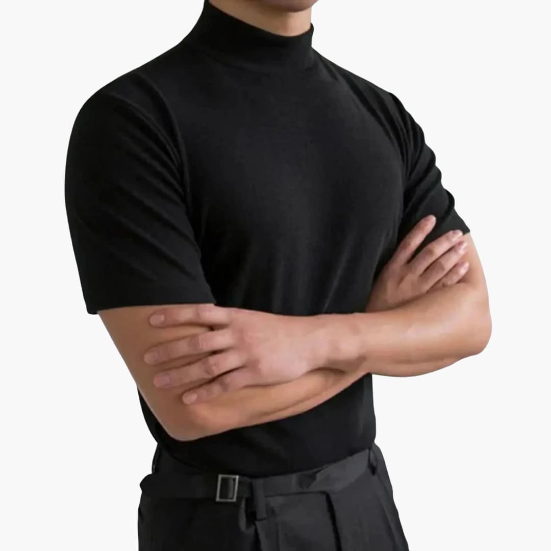 Men's stand-up collar short sleeve T-shirt with fitted cut and clean minimal structure for everyday wear
