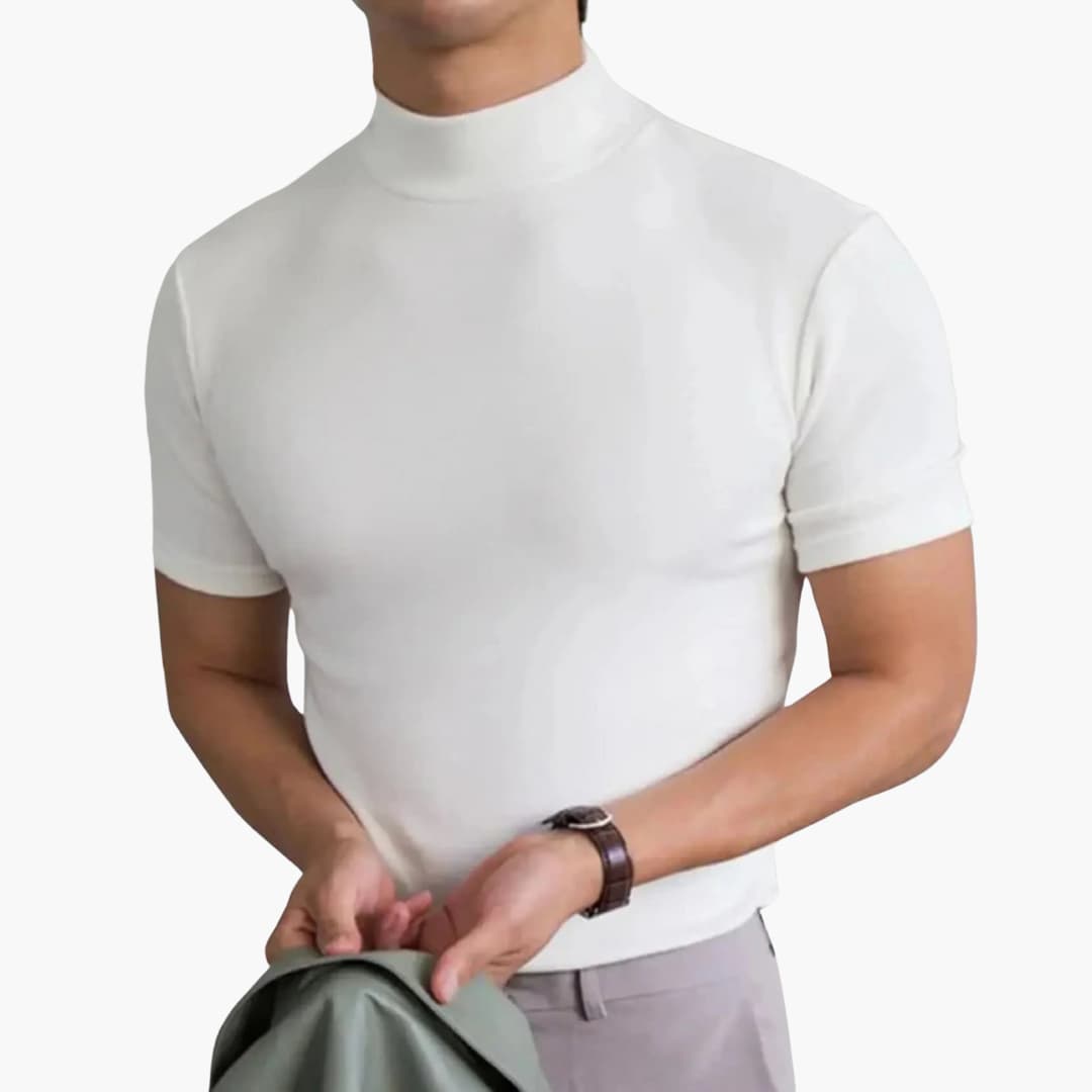 Men's stand-up collar short sleeve T-shirt with fitted minimal cut for clean structured everyday style