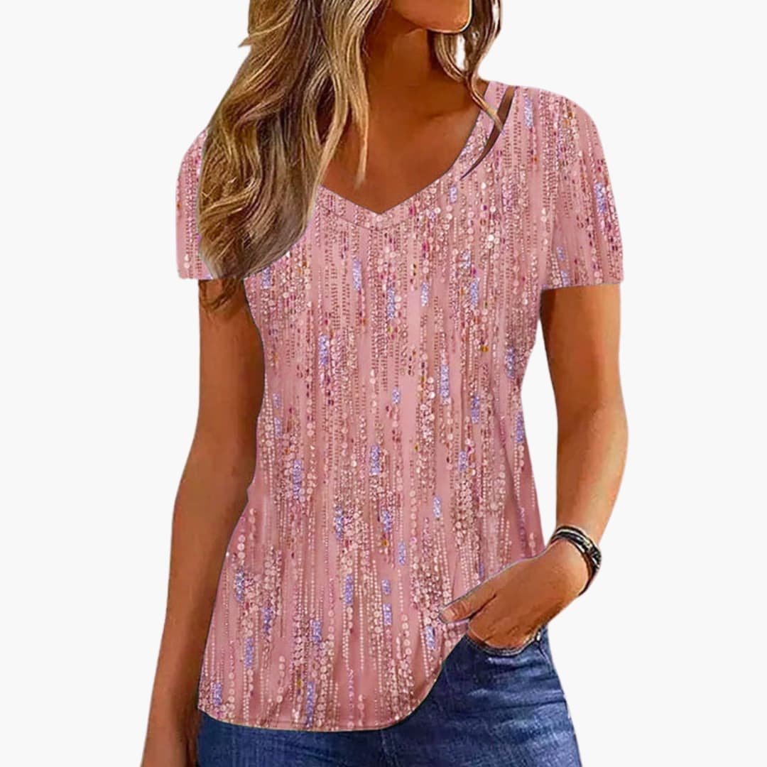 Women's silver sequin V-neck fitted T-shirt with light-reflecting festive details for layering