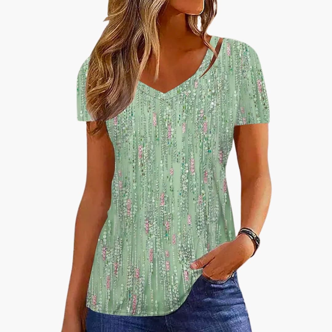 Women's silver sequin V-neck fitted T-shirt with light-reflecting festive tailored silhouette