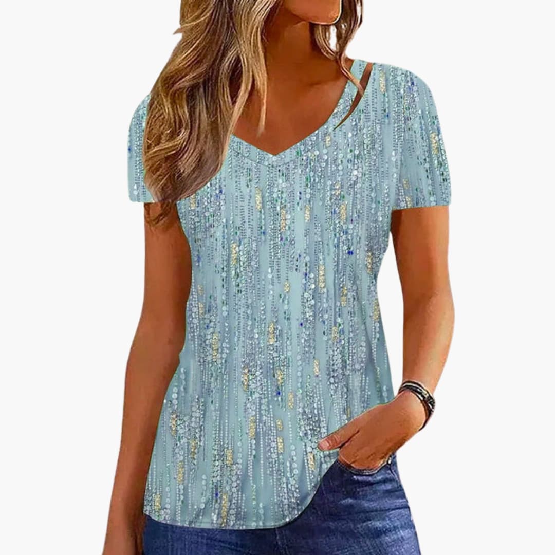 Women's silver sequin V-neck T-shirt tailored fit with light-reflecting festive details