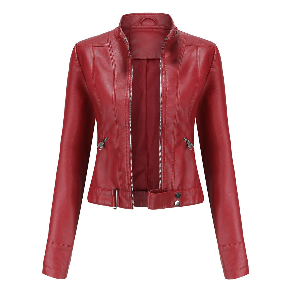 Women's slim fit stand-up collar jacket with clean front zipper, versatile casual elegant style