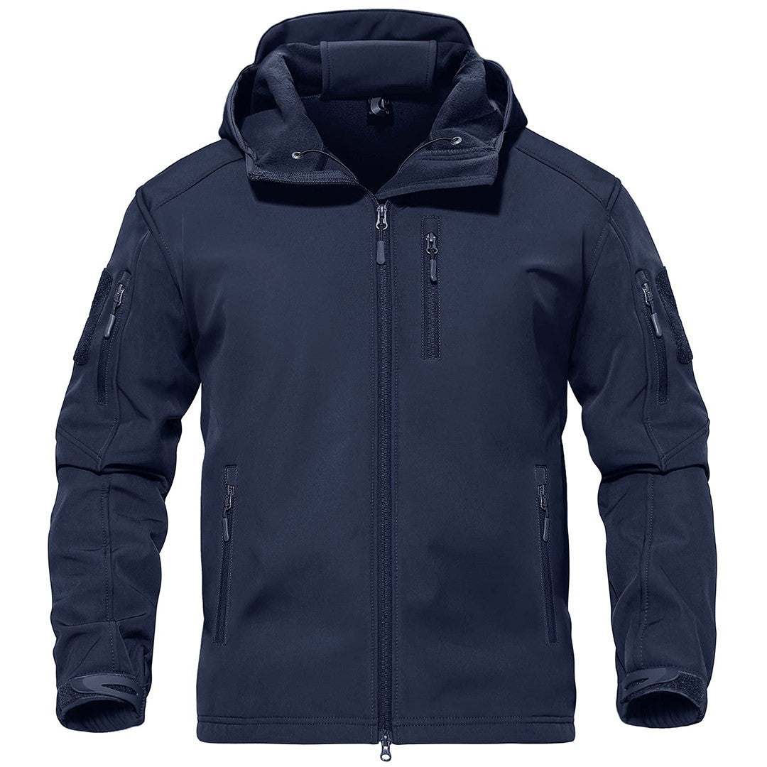 Men's tactical hooded softshell jacket fleece-lined windproof outdoor layer for hiking