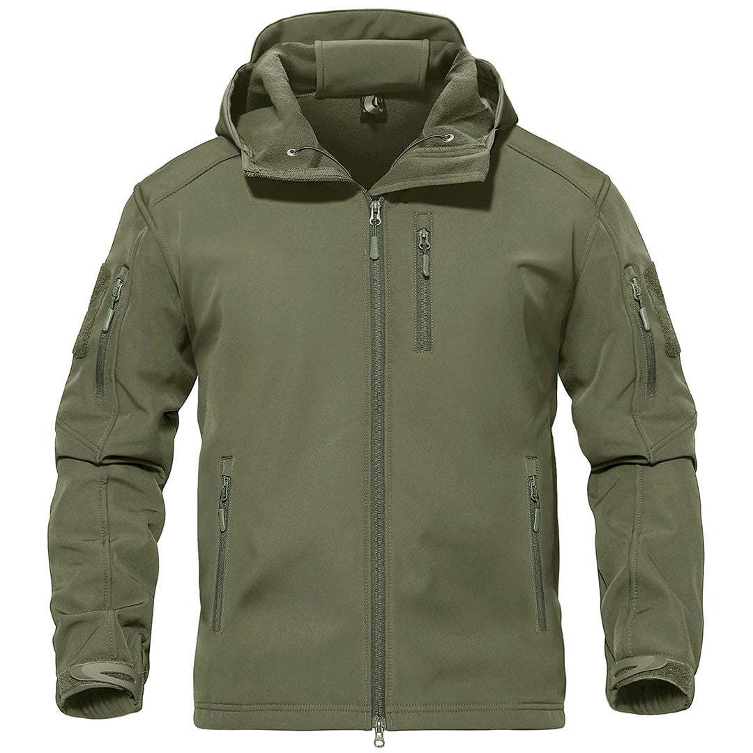 Men's tactical hooded softshell jacket fleece-lined windproof outdoor layer for hiking