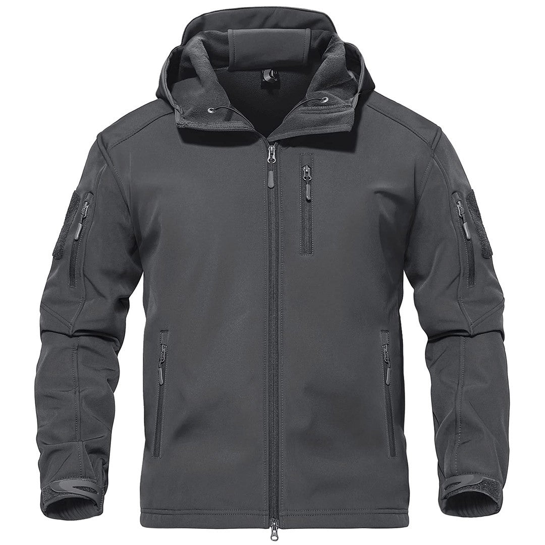 Men's tactical hooded softshell jacket fleece-lined windproof coat for outdoor adventures