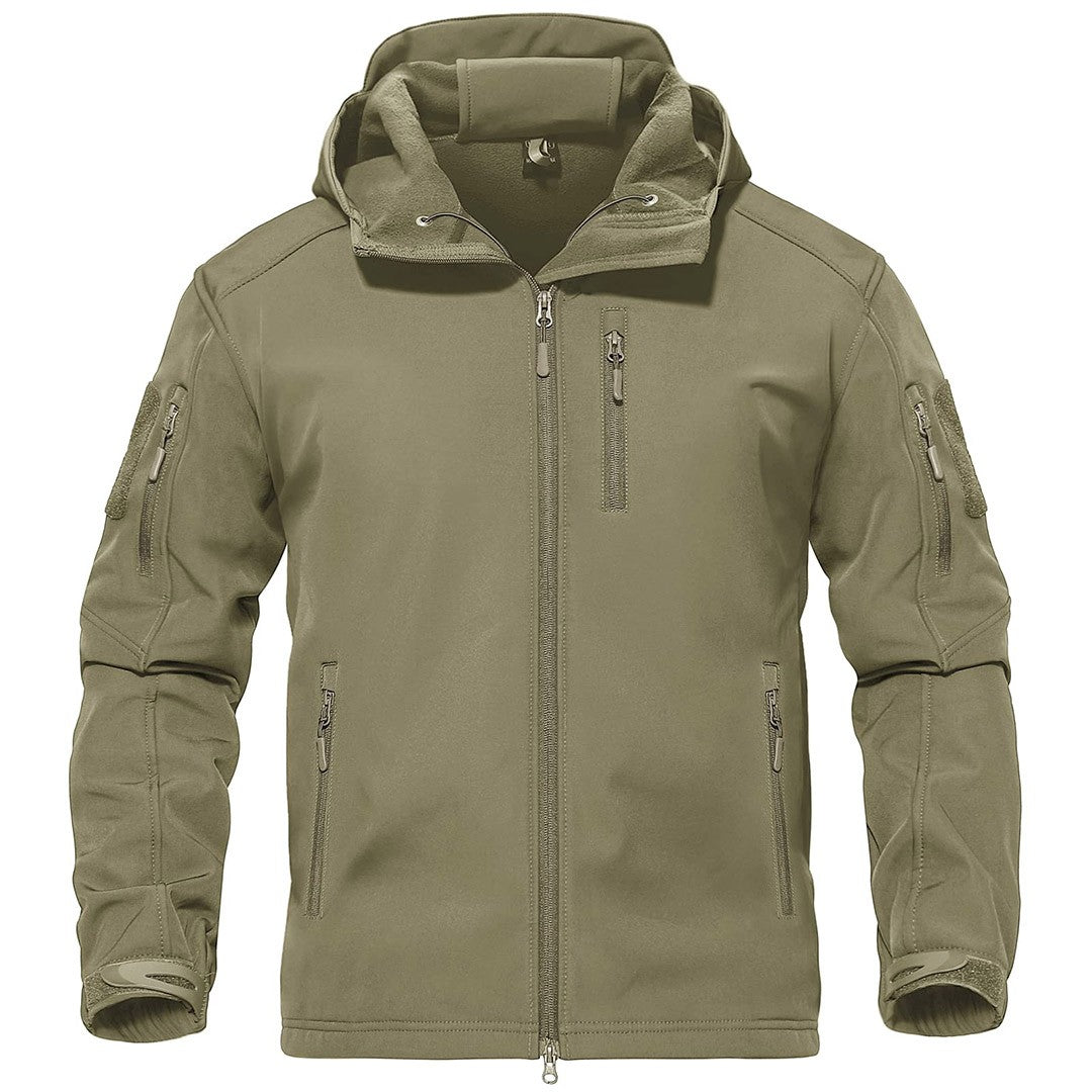 Men's tactical hooded softshell jacket fleece-lined windproof layer for outdoor adventures