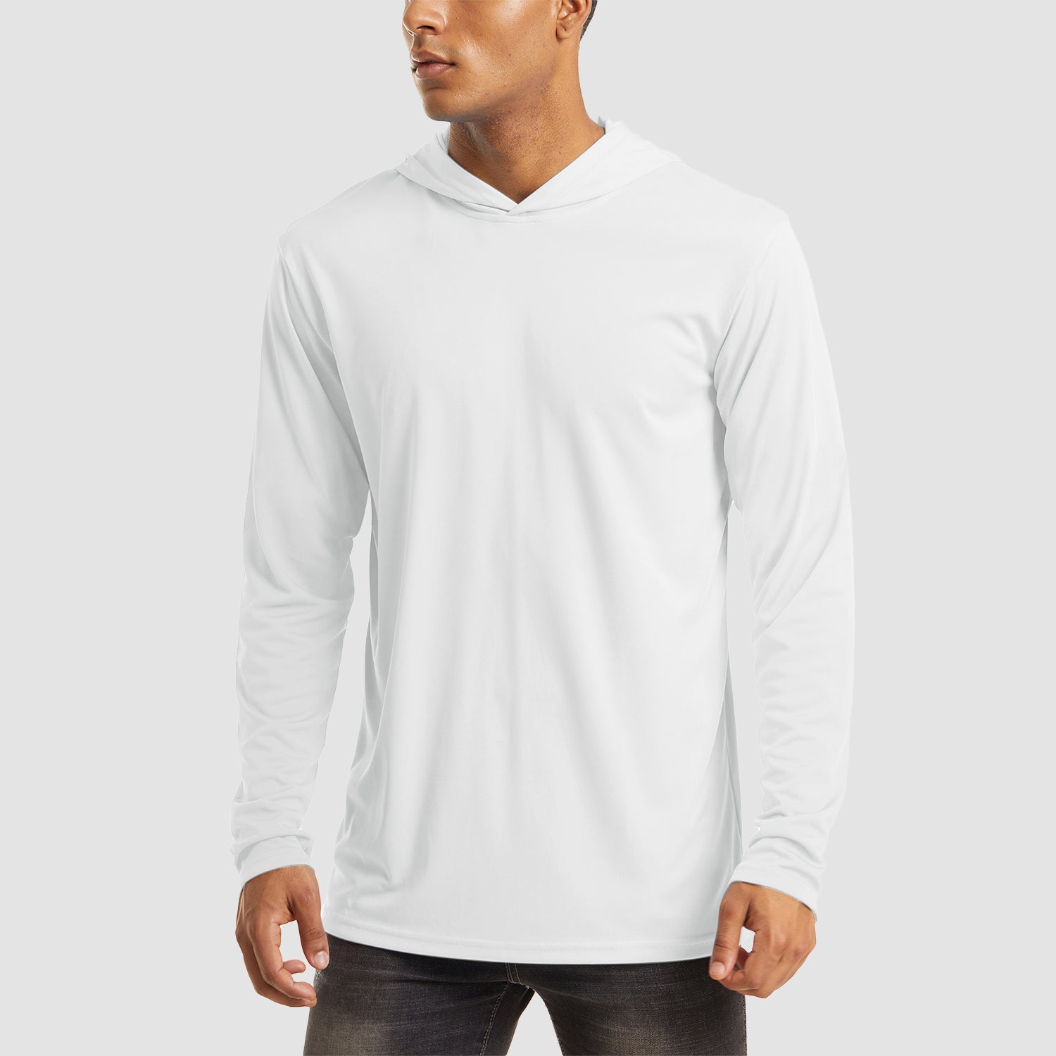 Men's UPF 50+ hooded fishing shirt lightweight quick-dry breathable sun protection flatlock seams