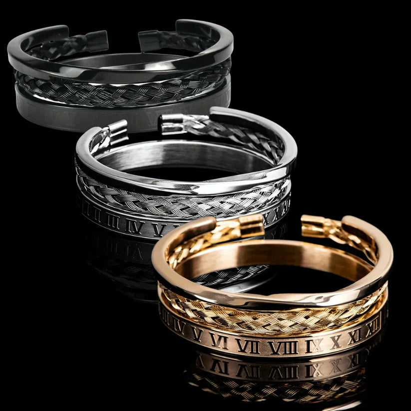 Gold tone men's cuff bracelet set with Roman numeral engraving and braided texture detail
