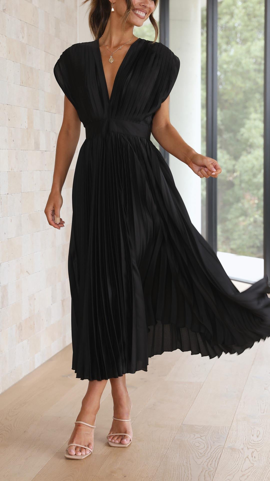 Stella pleated maxi dress women elegant flowing V-neck sleeveless gown formal high waist