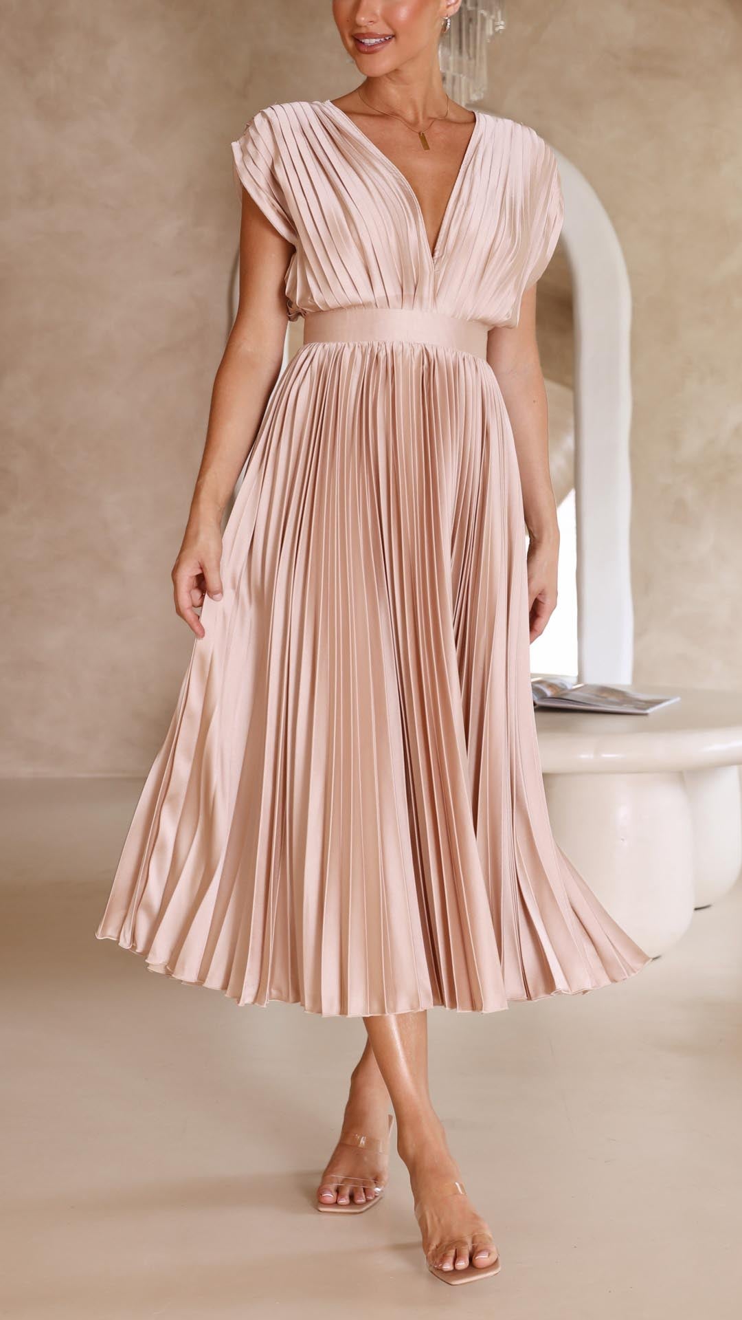 Stella pleated maxi dress women elegant v-neck sleeveless flowing gown formal evening wear