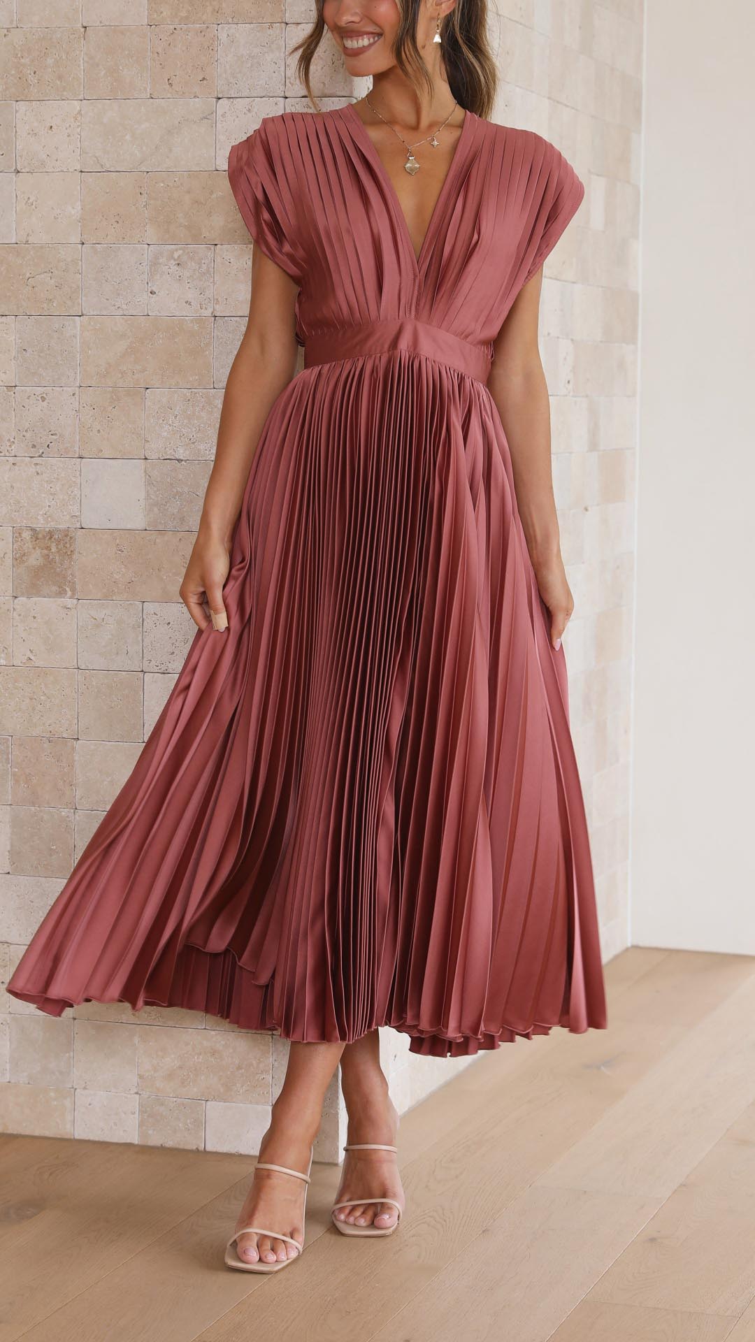 Stella pleated maxi dress women elegant V-neck sleeveless flowing gown formal events timeless