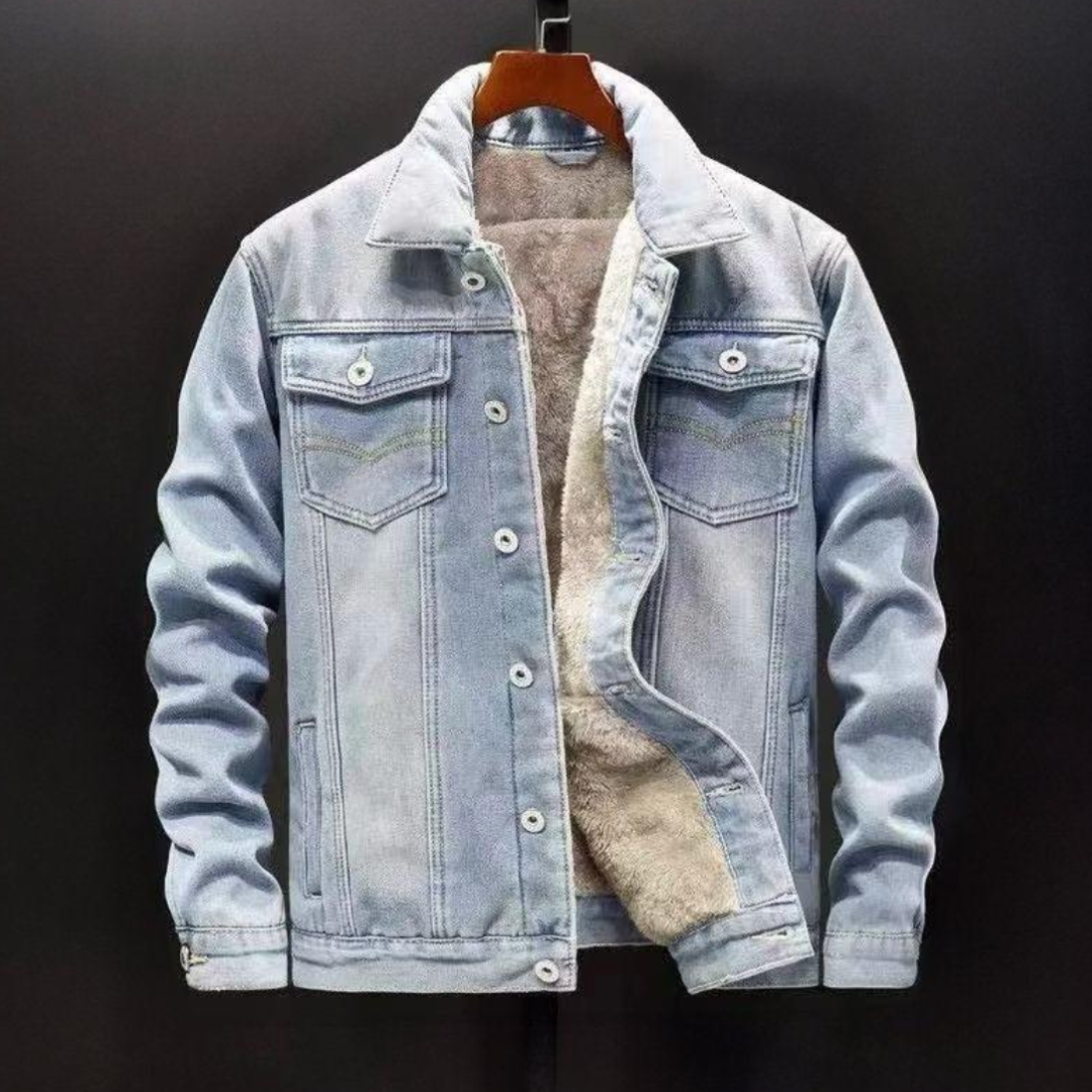 Men's heavyweight fleece-lined denim jacket with turn-down collar and warm soft interior
