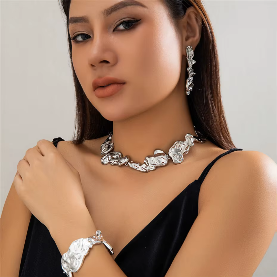 Molten Elegance abstract jewelry set gold silver lightweight organic sculptural links statement women