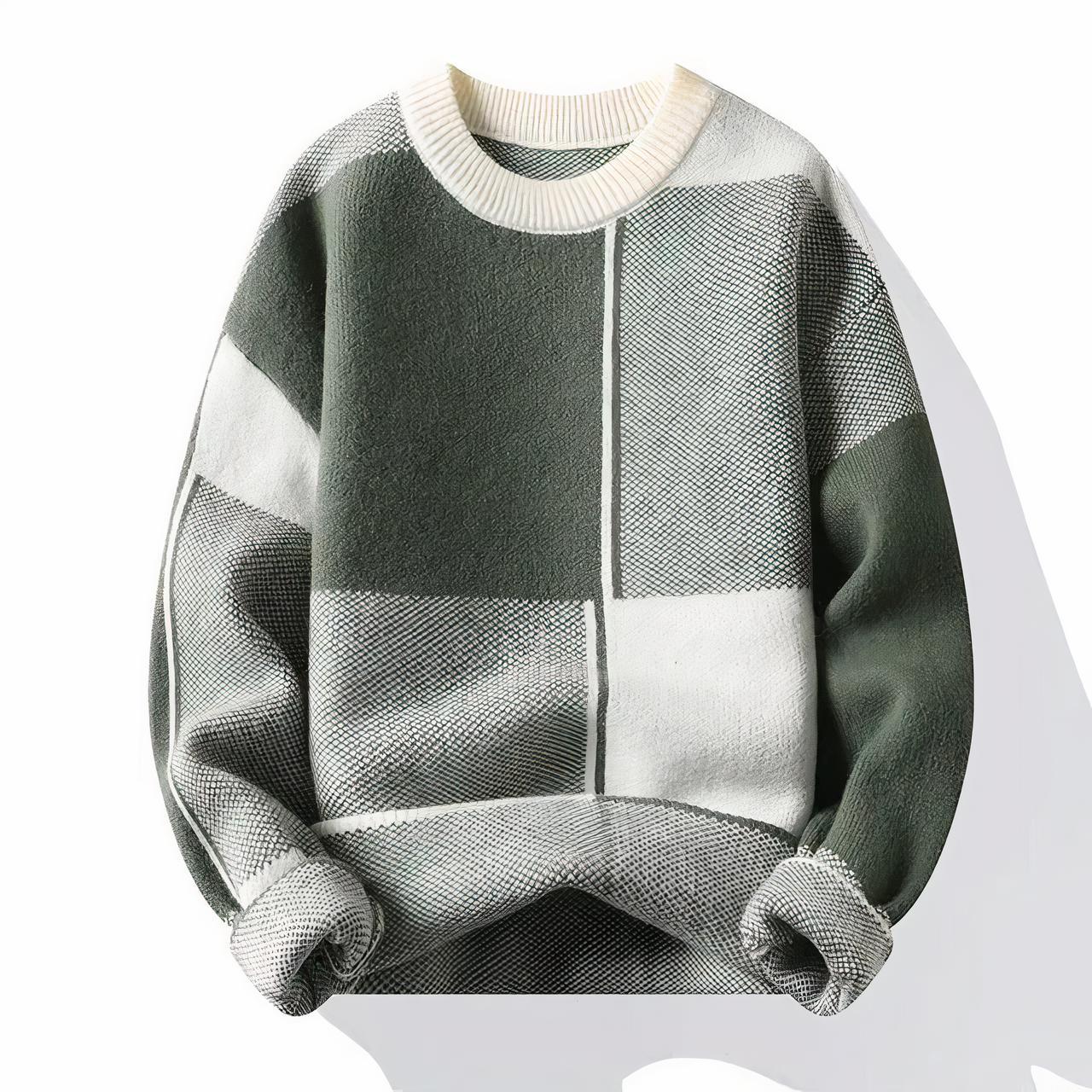 Men's checkered knit sweater in neutral tones, classic relaxed fit with subtle woven pattern